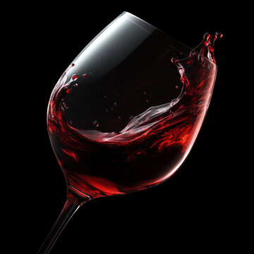 Red wine splashing in a clear glass isolated on black background with clipping path, concept of elegance and luxury refinement