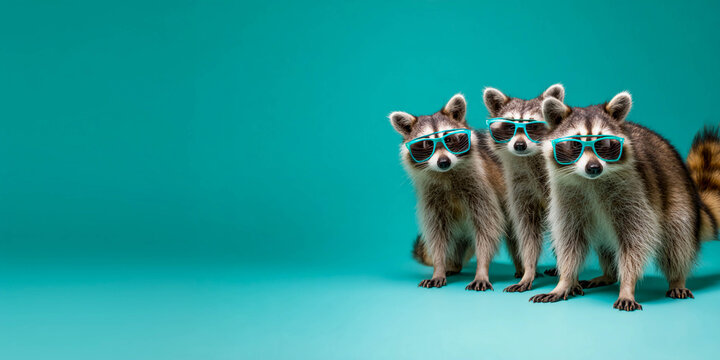 Three funny raccoons wearing sunglasses stand side by side on a bright turquoise background, looking at the camera like a stylish group of friends.