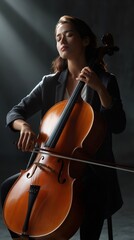 Fototapeta premium Woman cellist playing cello with passion and focus