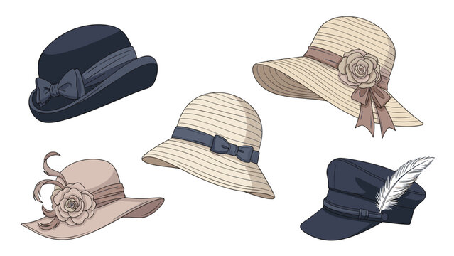 Collection of elegant women's hats in various styles including straw hats with flowers and ribbons and a military cap on white.