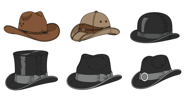 Diverse collection of mens classic hats including cowboy safari bowler top hat fedora and pilgrim styles on white background.