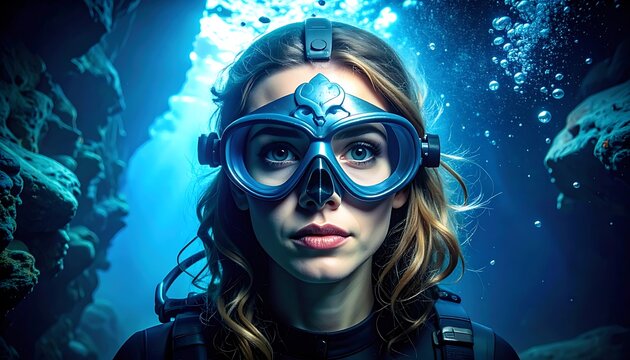 A scuba diver in a diving suit and goggles underwater