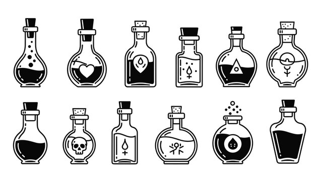 Collection of magical potion bottles in various shapes with cork stoppers and symbolic labels like hearts skulls and droplets.