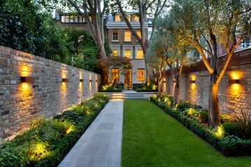 Obraz premium Landscaping providing outdoor living space with garden lighting