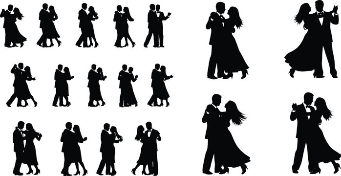 Elegant Dancing Couple Silhouette Collection Featuring Romantic Pairs in Formal Attire Ballroom Dance Poses Wedding Celebration and Slow Dance Scenes