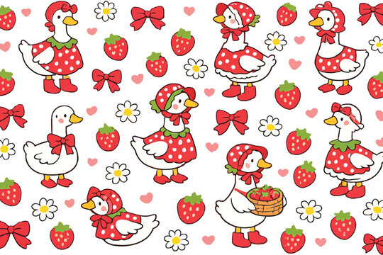 Seamless cute duck strawberry pattern, kawaii animal background, cartoon duck illustration, kids nursery design, playful fruit pattern, decorative textile print, sweet character design, colorful 