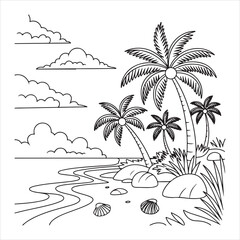 Obraz premium A black and white drawing of a beach with palm trees