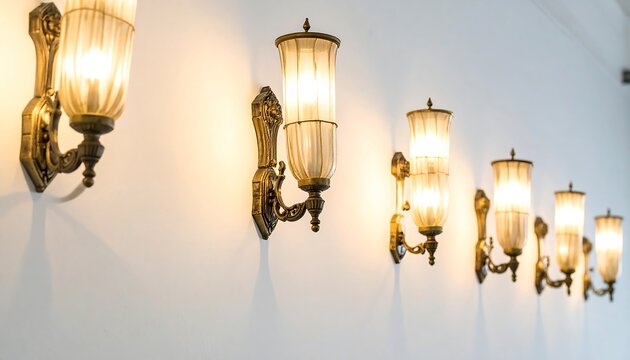 An indoor shot features a series of wall-mounted light fixtures. They are arranged in a row along a plain white wall. The sconces emit a warm, ambient glow