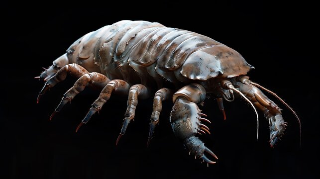 Giant isopod showcases its segmented exoskeleton and numerous legs under dramatic studio lighting.