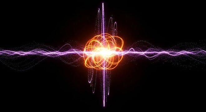 Abstract glowing atom nucleus with orbiting electrons and energy waves
