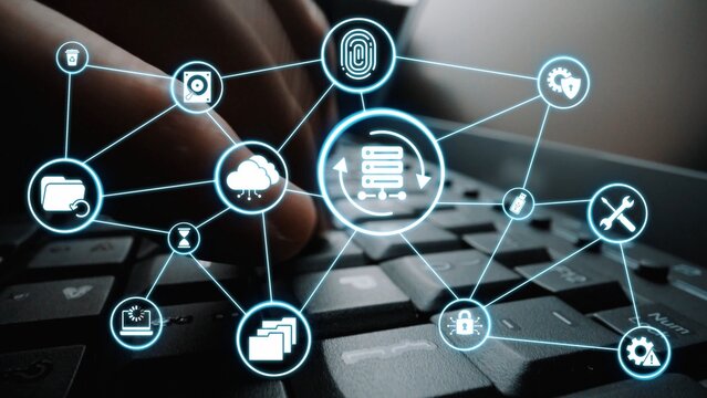 Data recovery icons show backup, data recovery process, and secure restoration. Data recovery ensures system reliability, data recovery protection, and information access. Funnel