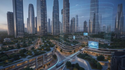 Naklejka premium modern cityscape with sleek skyscrapers and digital technology integration at dusk