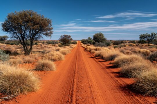 Outback red dirt road disappearing into desert landscape