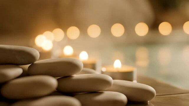 Spectacular 4k cinematic view of a luxurious spa interior, enveloped in soft, ethereal steam and warm bokeh lighting, conveying ultimate tranquility and holistic wellness for