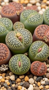 Close-up of Lithops Plants with Textured Surfaces.