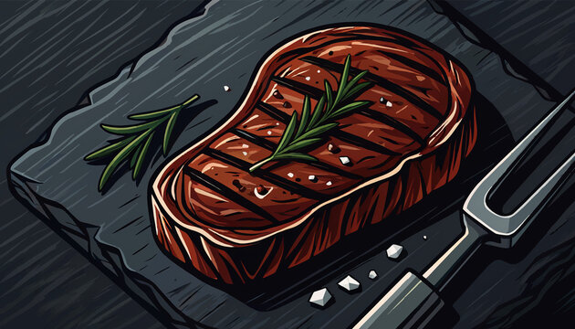Delicious grilled steak with rosemary and salt on a dark plate next to a fork, presented in a stylized illustration.