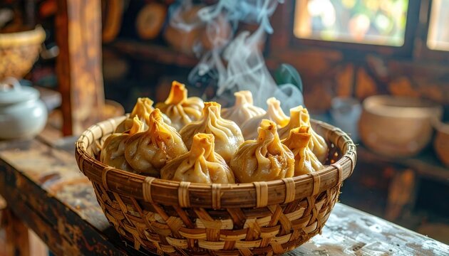 Fragrant Hakka Dumplings Filled With Tender Pork and Mushrooms Presented in a Rustic Basket
