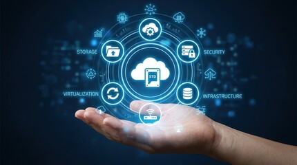 Obraz premium Cloud Computing, Technology, Data Storage, Network Security, Infrastructure, Virtualization, Business Connectivity Concept with Digital Interface Icons on Dark Blue Background