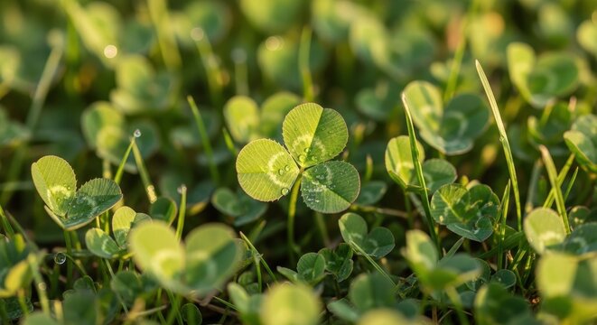 Close-up of Lush Green Clover Field in Sunlight.