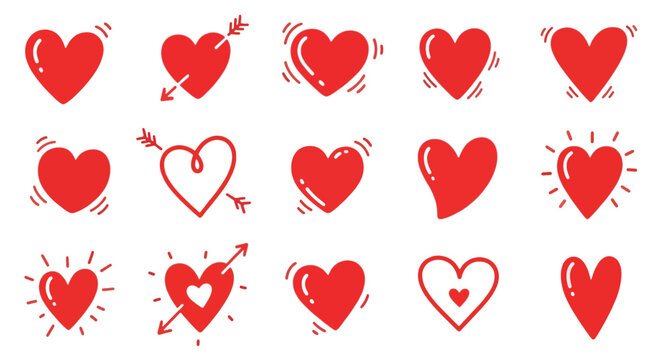 Hand-drawn red heart icons set in doodle style, playful and cute vector illustration perfect for stickers, cards, and creative projects.
