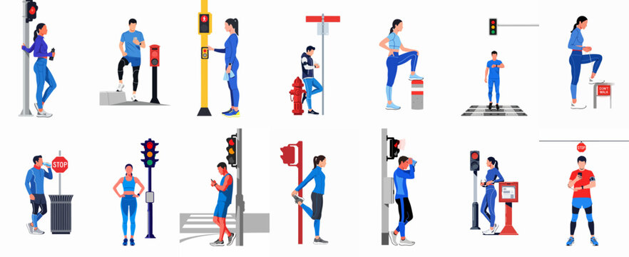 Flat vector illustrations of male and female runners in blue sportswear interacting with urban street elements like traffic lights, stop signs, and crosswalks.