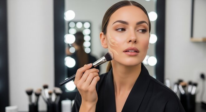 Beautiful Young Woman Applying Foundation or Contour Makeup with a Bru