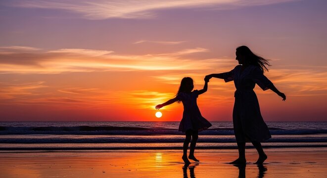 Silhouette of mother and daughter dancing on beach at sunset mother's day background wallpaper poster banner download 2026 2027 1