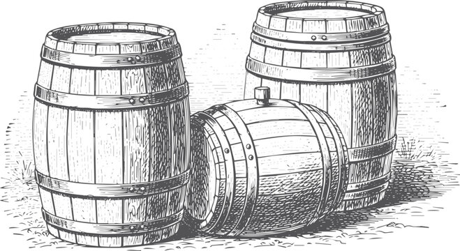Three wooden barrels, one lying down