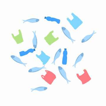 A vector of a school of dead fish with scattered plastic waste and bottles. A concept for a movement to clean up plastic waste.