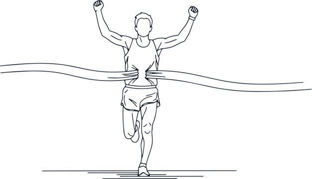 Winner crossing finish line with arms raised, minimalist line art celebrating athletic achievement.