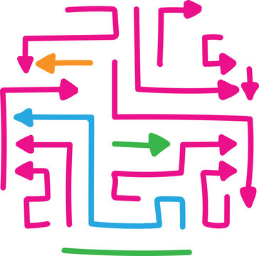Abstract digital illustration featuring a collection of vibrant multi-colour arrows pointing in various chaotic directions that represent complex navigation pathways within a modern graphic design con