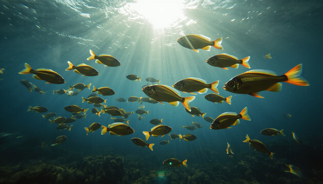 Terumbu karang yang berwarna-warni dipenuhi ikan-ikan kecil di bawah