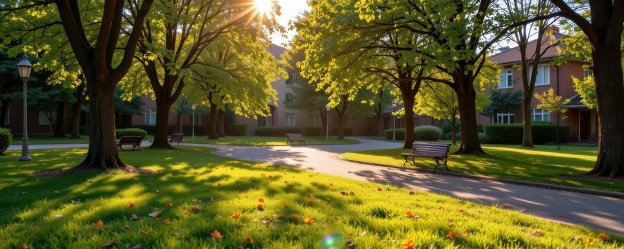 Sunlight streaming through trees empty park serene landscape gentle environment peaceful viewpoint nature's calm