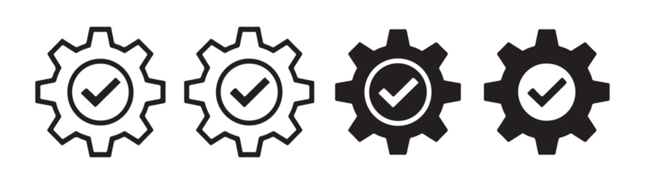 Industrial technical cogwheel settings icons with checkmark symbols for complete maintenance process services.