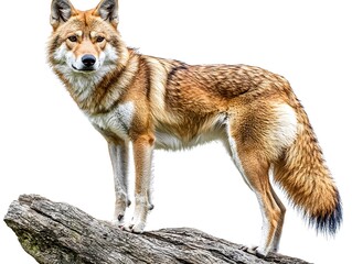 Fototapeta premium Majestic coyote stands alert upon a weathered wooden log against a white background.