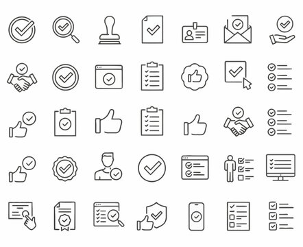 Checkmark and Approved web icon set in line style. Checklist, accepted, stamp, accept, agree, quality control, collection. Editable stroke. Vector illustration
