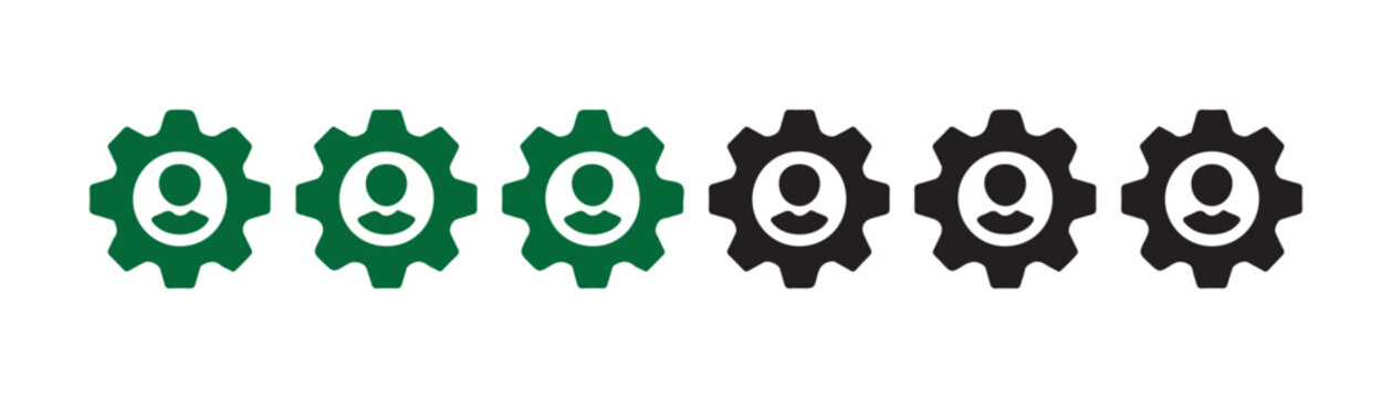 Green and black gear icons with person silhouette symbolizing user settings profile management and account preferences service gear configuration.