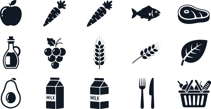 Healthy food ingredients and grocery icons for healthy eating.