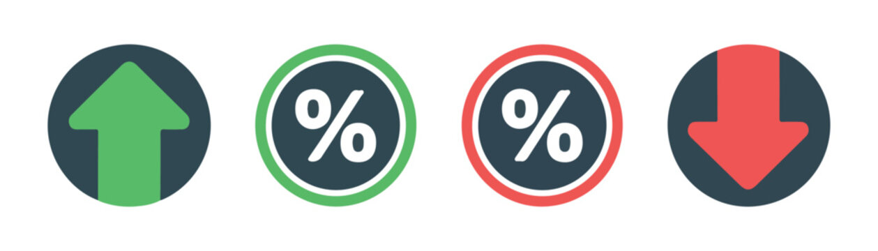 Financial indicator icons set with percent sign up and down arrows for stock market analysis and growth chart.