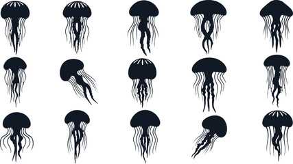 Collection of dark silhouette jellyfish swimming in transparent background, aquatic life illustration. © Sadhin