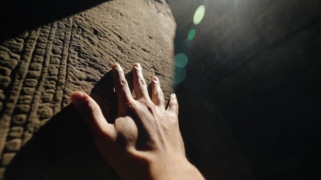 Hand gently tracing carved stone relief at Bayon temple, Cambodia lit by warm sunlight