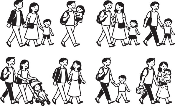 Walking Family Hand Drawn Icon Set Parent Child Lifestyle Doodle Vector Collection