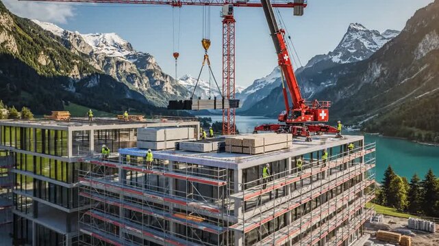 Hyperrealistic 3D Illustration of Swiss Construction Site with Building Materials and Infrastructure under Blue Sky representing Industrial Development in Switzerland Architecture Concept