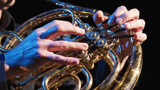 French horn player hands closeup shot.