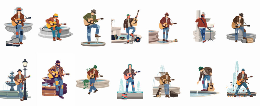 Collection of flat vector illustrations of a male street musician playing acoustic guitar in various poses and situations near city fountains.