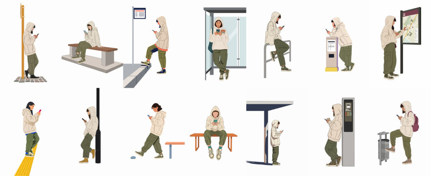 Collection of flat illustrations showing a young woman using her phone while waiting at various bus stop locations in an urban setting.