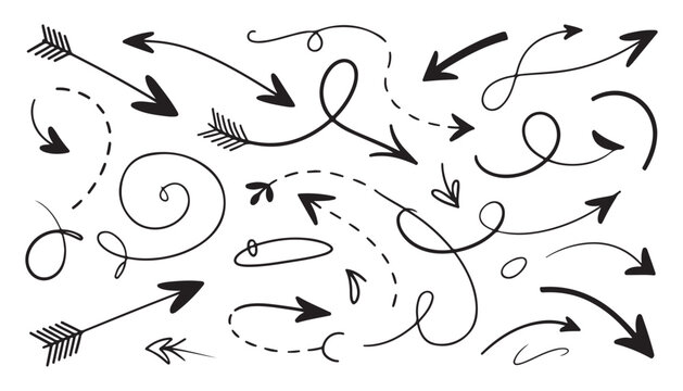 Collection of hand drawn organic arrow doodles and decorative swirls isolated on white background for designs.