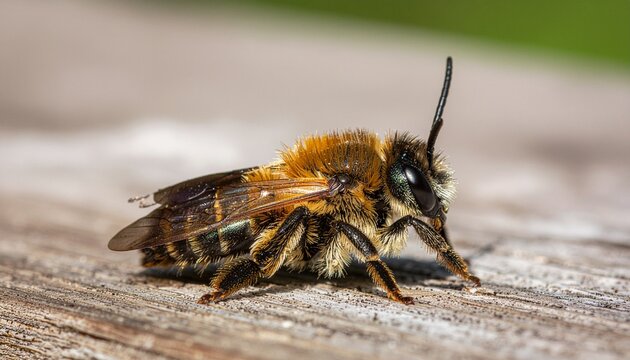 Mason bee resting on wooden surface macro view