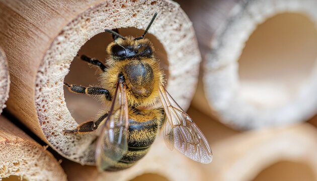 Mason bee near bee hotel nesting hole