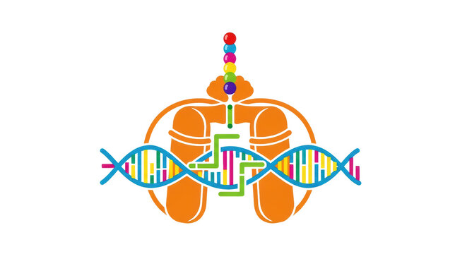 Orange ribosome processes a multicolored mrna strand with green trna molecules and a growing polypeptide chain on white background concept of protein synthesis
